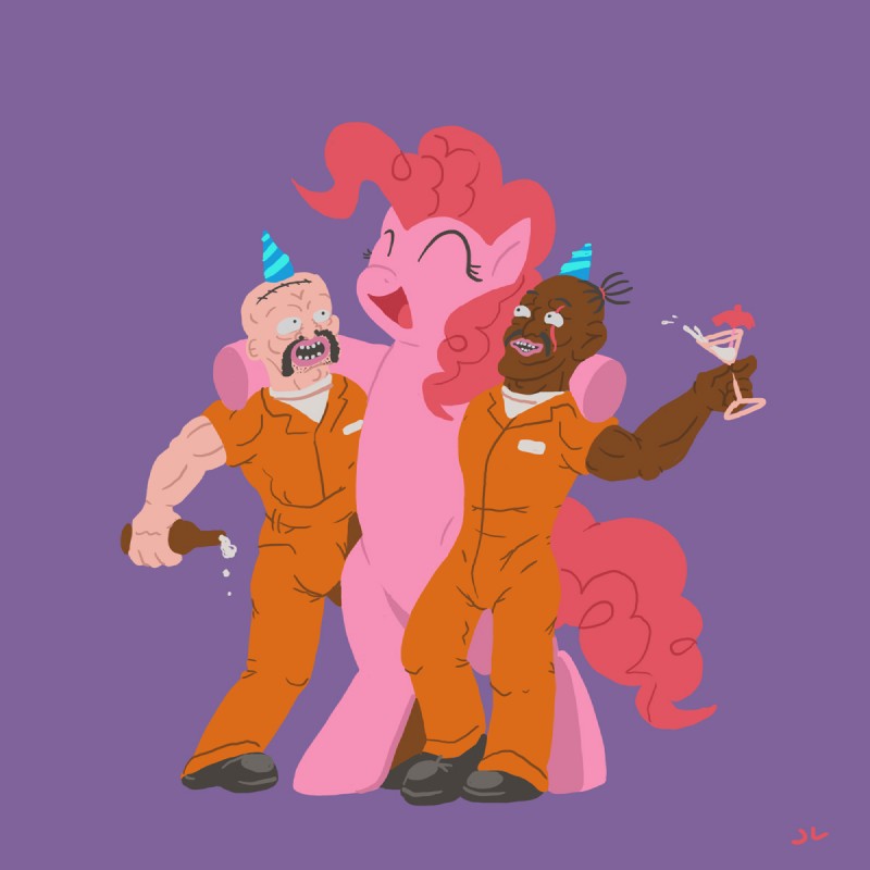 alcohol beer beverage clothing cocktail female group hat headgear headwear holding_glass holding_object laugh male party_hat scar tail docwario friendship_is_magic hasbro my_little_pony superjail! jean_baptiste_le_ghei paul_guaye pinkie_pie_(mlp) earth_pony equid equine horse human mammal pony 1:1 crossover hi_res