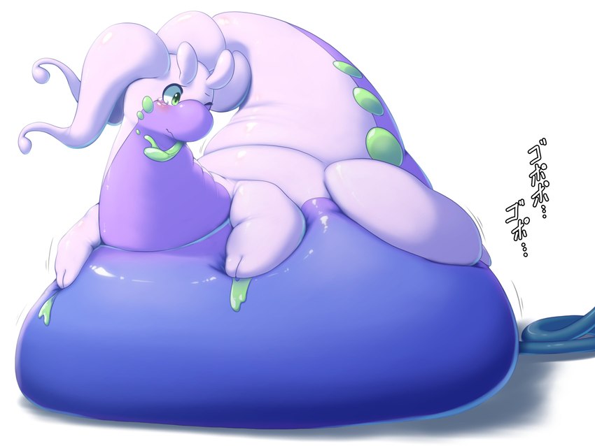 ambiguous_gender antennae_(anatomy) belly belly_inflation big_belly blush feral glistening green_eyes hose hose_inflation huge_belly hyper hyper_belly immobile inflation liquid_inflation looking_back lying motion_lines obese on_front overweight purple_body simple_background slime solo sound_effects tail text thick_tail thick_thighs translucent water_inflation yosioka_san nintendo pokemon generation_6_pokemon goodra pokemon_(species) 2018 4:3 absurd_res hi_res japanese_text