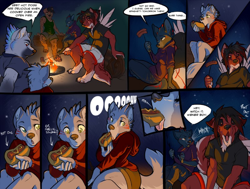 anthro campfire camping cooking female group male phallic suggestive tail demicoeur kaj kana_(demicoeur) katia_(demicoeur) secret_(character) canid canine canis domestic_dog mammal wolf comic digital_media_(artwork)