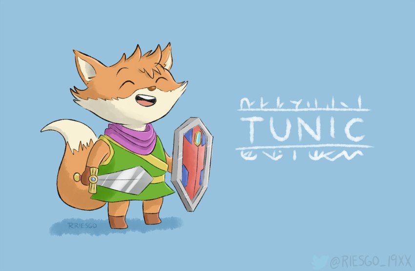 anthro chibi clothing fur male melee_weapon orange_body orange_fur shield shirt smile solo sword text topwear tunic weapon rriesgo tunic_(video_game) ruin_seeker canid canine fox mammal character_cipher constructed_script trunic_text