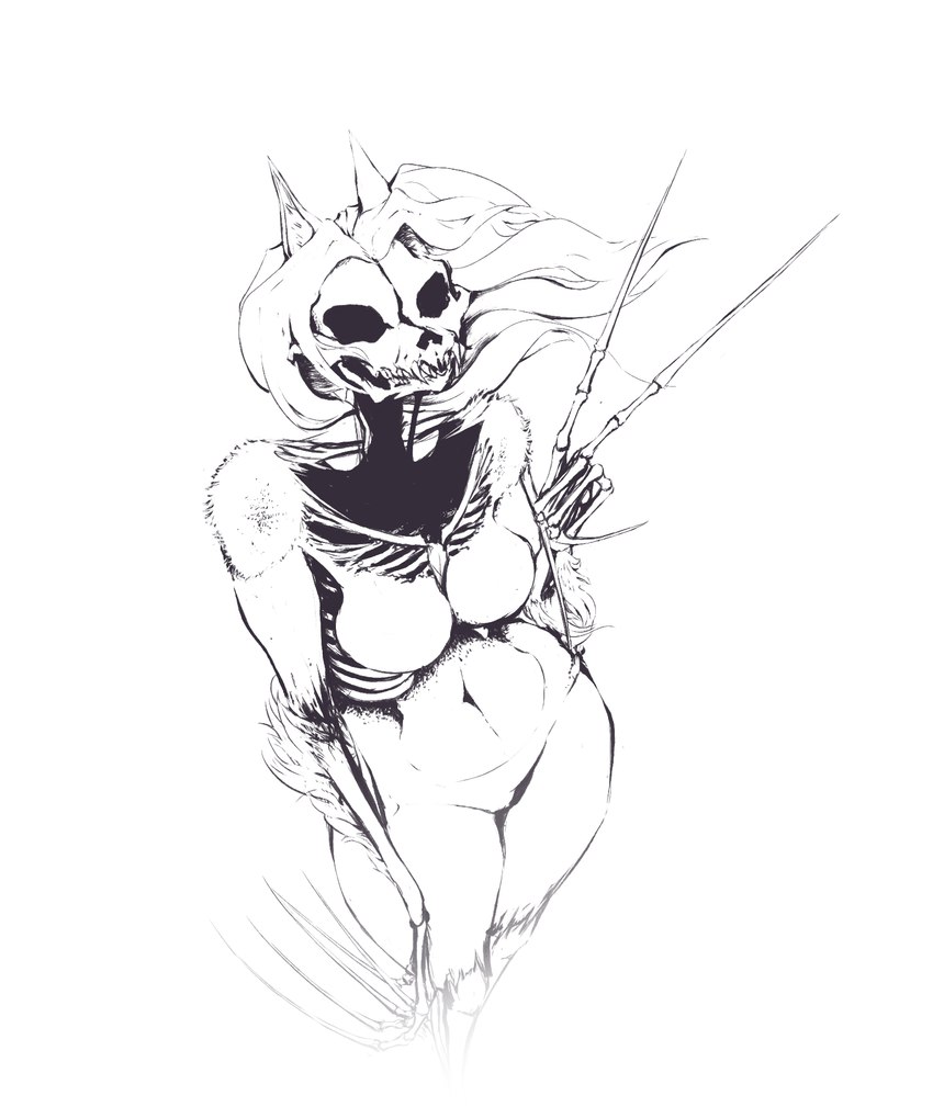 anthro bone breasts claws creepy exposed_bone featureless_breasts female hair horror_(theme) long_claws long_hair rib_cage scary skeleton skull solo supernatural wide_hips mikelocesterlanders canid canine ghost mammal monster spirit black_and_white hi_res monochrome sketch