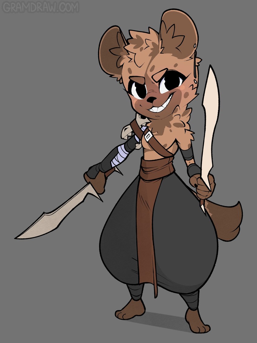 5_fingers anthro arm_wraps bone_armor bottomwear brown_body brown_ears brown_fur brown_inner_ear brown_tail clothing dual_wielding fingers fur grey_background holding_melee_weapon holding_object holding_sword holding_weapon male male_anthro melee_weapon narrowed_eyes pants sharp_teeth simple_background skull_accessory smile solo sword tail teeth weapon wraps gramdraw gnoll hyena mammal 2023 3:4 absurd_res digital_drawing_(artwork) digital_media_(artwork) full-length_portrait hi_res portrait