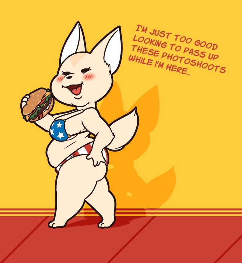 anthro bikini burger clothing female food holidays image_sequence solo swimwear text two-piece_swimsuit weight_gain fawxen 4th_of_july aggretsuko sanrio fenneko canid canine fennec_fox fox mammal true_fox full-length_portrait portrait