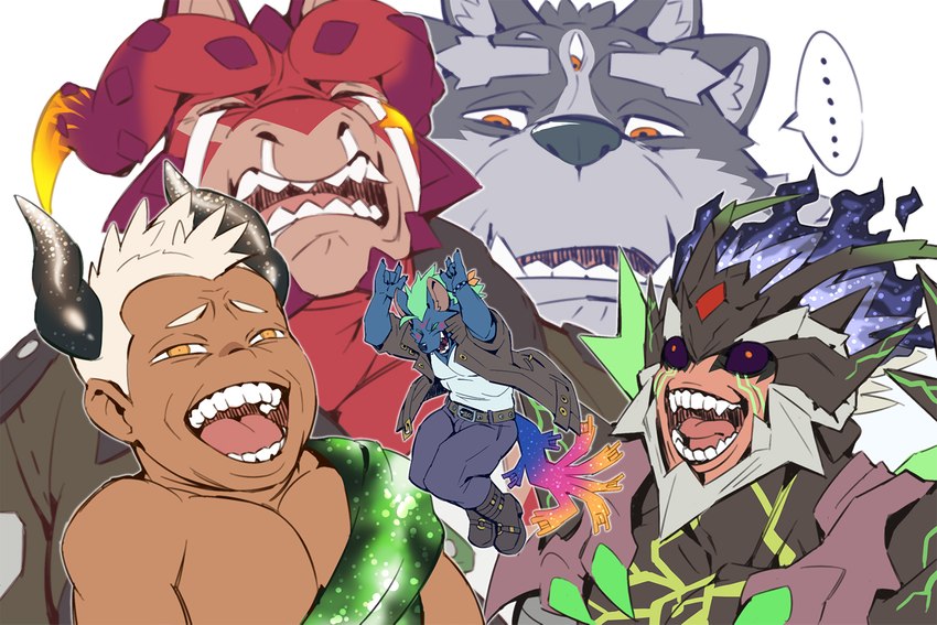 anthro bodily_fluids crying ellipsis group horn humor laugh male reactions tears tentacles jacketbear laughing_tom_cruise lifewonders mythology tokyo_afterschool_summoners azathoth_(tas) cthugha_(tas) nodens_(tas) nyarlathotep_(tas) tsathoggua_(tas) dragon humanoid hyena mammal mythological_creature mythological_scalie scalie 3:2 meme