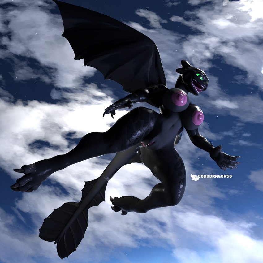 anthro anus black_body bodily_fluids breasts cloud female flying genital_fluids genitals green_eyes looking_at_viewer nipples nude pussy sky smile solo tail teeth thick_thighs vaginal_fluids wet wings dododragon56 blender_cycles dreamworks european_mythology how_to_train_your_dragon mythology dragon fury_(httyd) mythological_creature mythological_scalie night_fury reptile scalie western_dragon 1:1 3d_(artwork) absurd_res blender_(artwork) digital_media_(artwork) hi_res