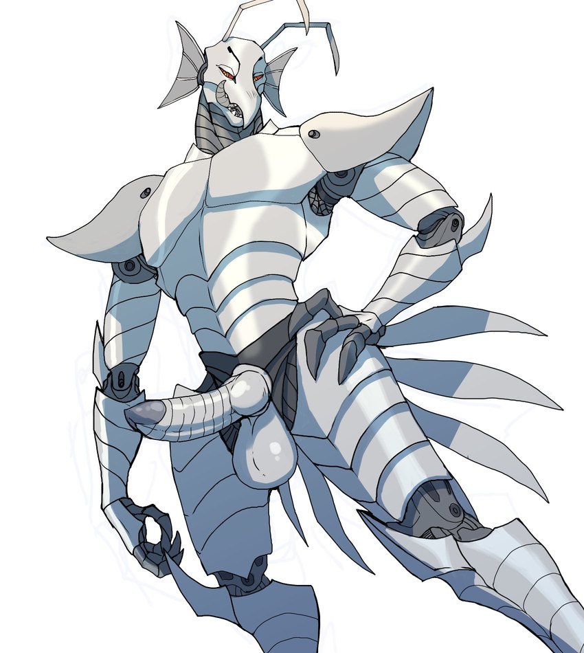 antennae_(anatomy) anthro armor athletic balls beak claws erection genitals hand_on_hip knot laminar_armor looking_at_viewer low-angle_view machine male muscular penis ridged_penis sharp_teeth smile smirk solo teeth tongue tongue_out hyenaface lieutenant_lazarus avian bird hybrid robot saber_droid digital_media_(artwork) hi_res