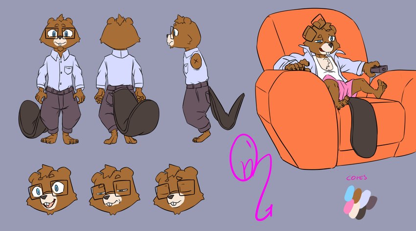 anthro armchair boxers_(clothing) brown_body brown_fur chair chest_tuft clothed clothing eyewear fur furniture glasses happy male open_clothing open_shirt open_topwear shirt solo tail topwear tuft underwear ojisan_mopy mr._madera beaver mammal rodent english_description hi_res model_sheet