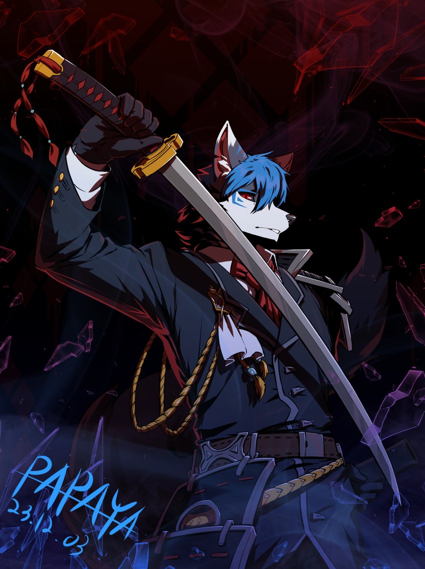 anthro black_sclera blue_hair clothed clothing dipstick_ears ear_markings fur glass_shards gloves grey_body grey_fur hair handwear holding_melee_weapon holding_object holding_sword holding_weapon inner_ear_fluff looking_at_viewer male melee_weapon multicolored_ears red_eyes short_hair simple_background smoke solo striped_ears sword tuft weapon white_body white_fur white_inner_ear_fluff papayafurry canid canine canis mammal wolf 2023 dated hi_res signature