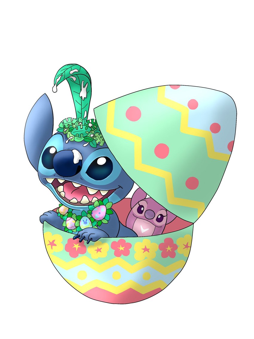 blue_body blue_fur blue_nose claws duo easter_egg egg female fur happy holidays jewelry male necklace open_mouth open_smile pink_body purple_nose semi-anthro sharp_teeth simple_background smile sunscreen teeth tongue white_background white_body mayoooon_626 disney easter lilo_and_stitch angel_(lilo_and_stitch) stitch_(lilo_and_stitch) alien experiment_(lilo_and_stitch) 2020 3:4 digital_media_(artwork) hi_res