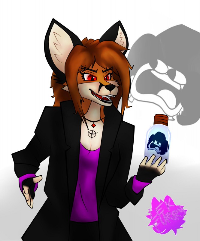 anthro duo fangs holding_object humor jewelry necklace open_mouth open_smile pendant red_eyes simple_background smile teeth white_background lek marjorie_sahriel sr_pelo_(character) canid canine fox mammal 5:6 hi_res