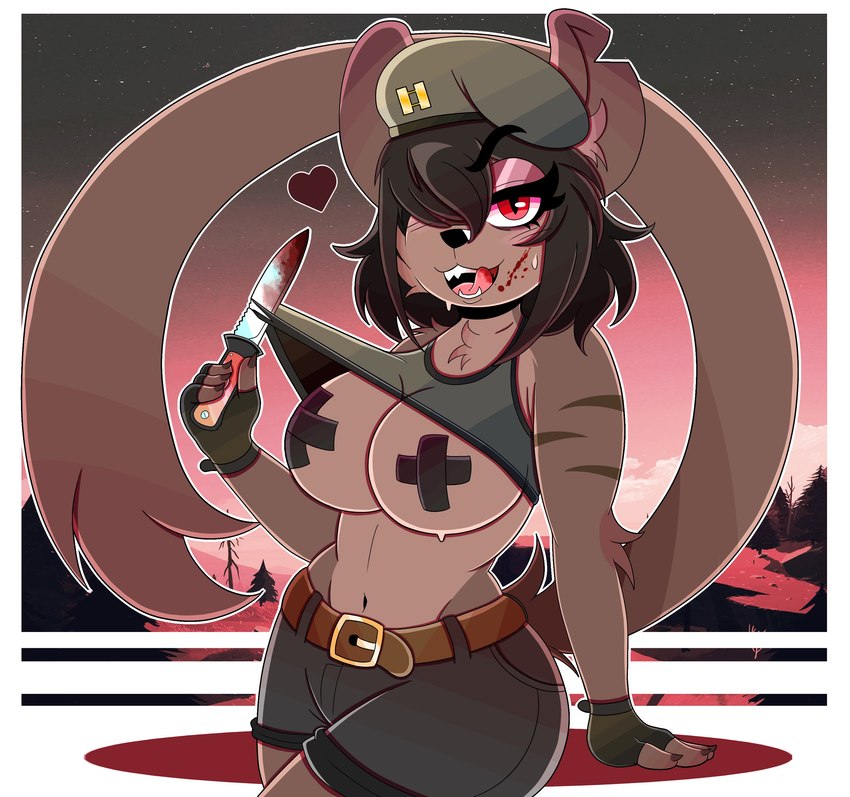 anthro arm_tuft belt beret big_breasts black_hair blood blush bodily_fluids bottomwear breasts brown_body brown_fur cheek_tuft chest_tuft claws clothed clothing elbow_tuft eyebrow_through_hair eyebrows eyelashes facial_tuft female fingerless_gloves fur gloves hair handwear hat headgear headwear heart_symbol inner_ear_fluff knife looking_at_viewer navel nipple_tape open_mouth pasties red_eyes shorts smile solo sweat tail tape teeth topwear translucent translucent_hair tuft olly_moss wireless_shiba a.i.m._(game) firewatch azalea_(wireless_shiba) felid feline mammal pantherine 2023 absurd_res digital_media_(artwork) hi_res