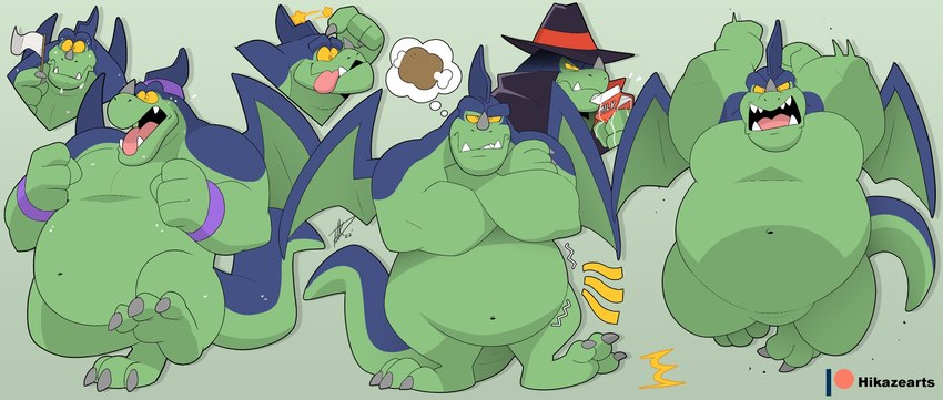 anthro claws clothing coat crossed_arms exercise expressive feet food green_body hat headgear headwear male meat milk multiple_poses overweight overweight_male pose solo spinning_head star tail teeth thought_bubble tongue tongue_out toony topwear white_flag wings yellow_eyes hikazedragon dragon_ball mythology toei_animation giran dragon mythological_creature mythological_scalie scalie hi_res