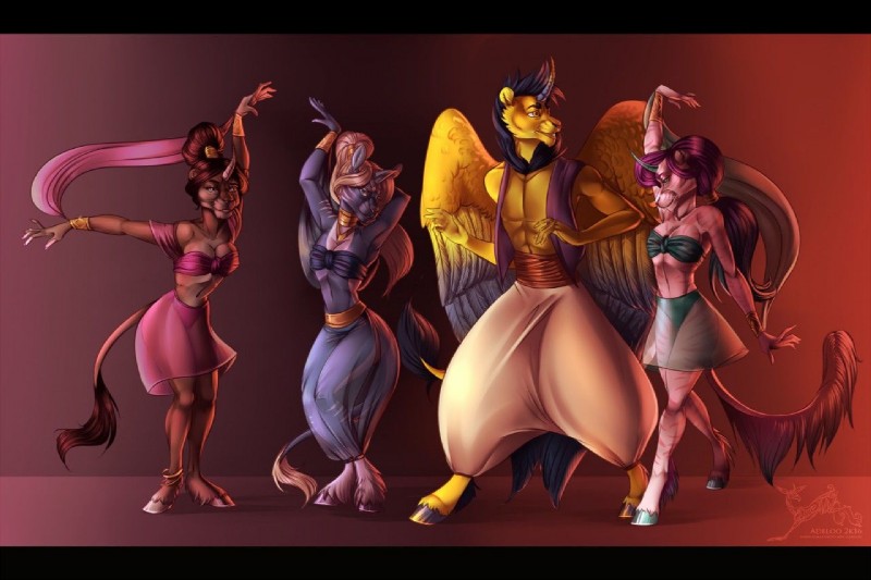 anthro clothed clothing female fur group hair horn male smile standing adeloo mythology equid equine felid hybrid mammal mythological_creature mythological_equine unicorn