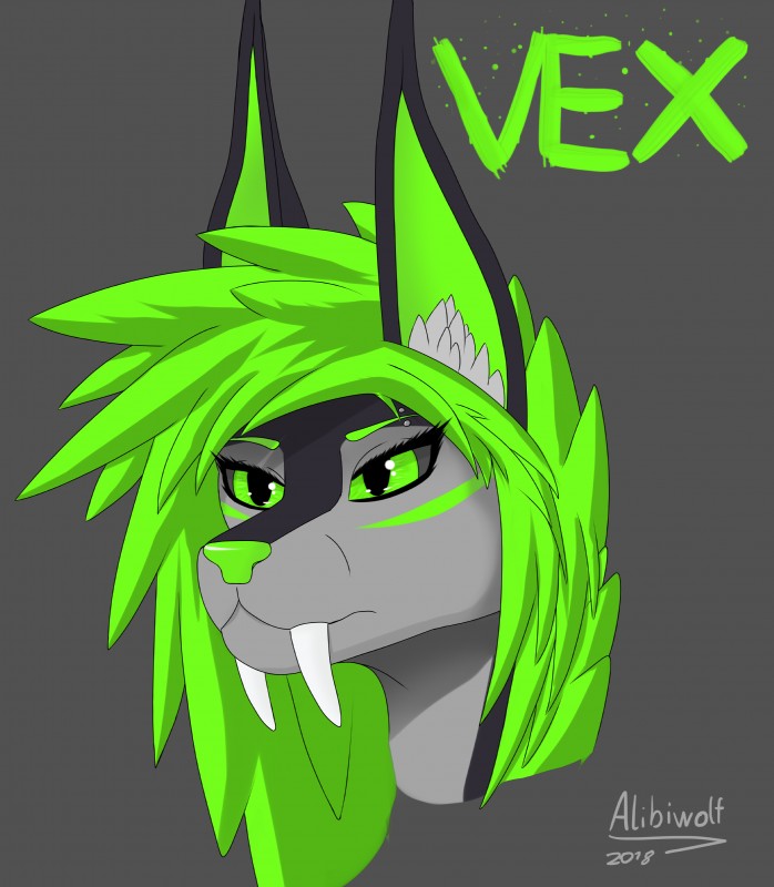 anthro big_ears female fur green_eyes green_hair hair piercing solo teeth alibiwolf vex_(alibiwolf) canid canine canis fennec_fox fox hybrid jackal mammal true_fox absurd_res hi_res portrait