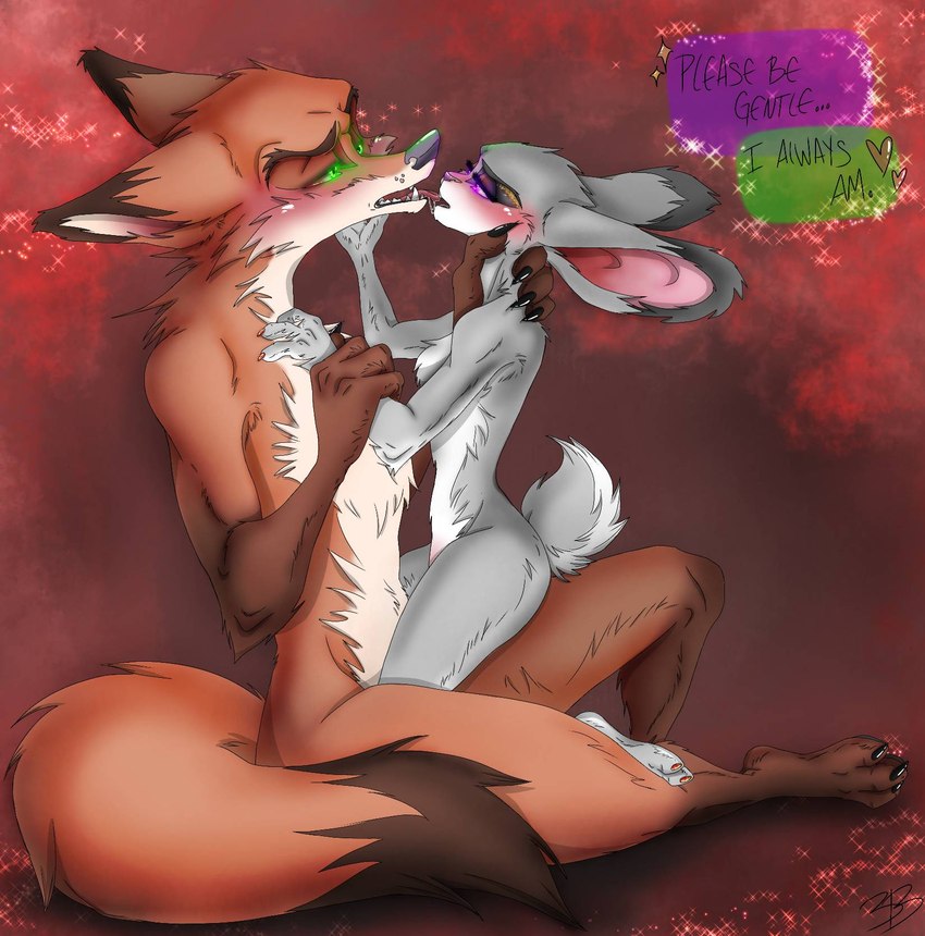 anthro blush bodily_fluids dialogue duo eye_contact female green_eyes half-closed_eyes heart_symbol holding_arm larger_male looking_at_another male narrowed_eyes nude purple_eyes saliva seductive size_difference smaller_female text throat_grab tongue tongue_out rarewhoroastbeast_(artist) disney zootopia judy_hopps nick_wilde canid canine fox lagomorph leporid mammal rabbit red_fox true_fox 2021 english_text hi_res signature