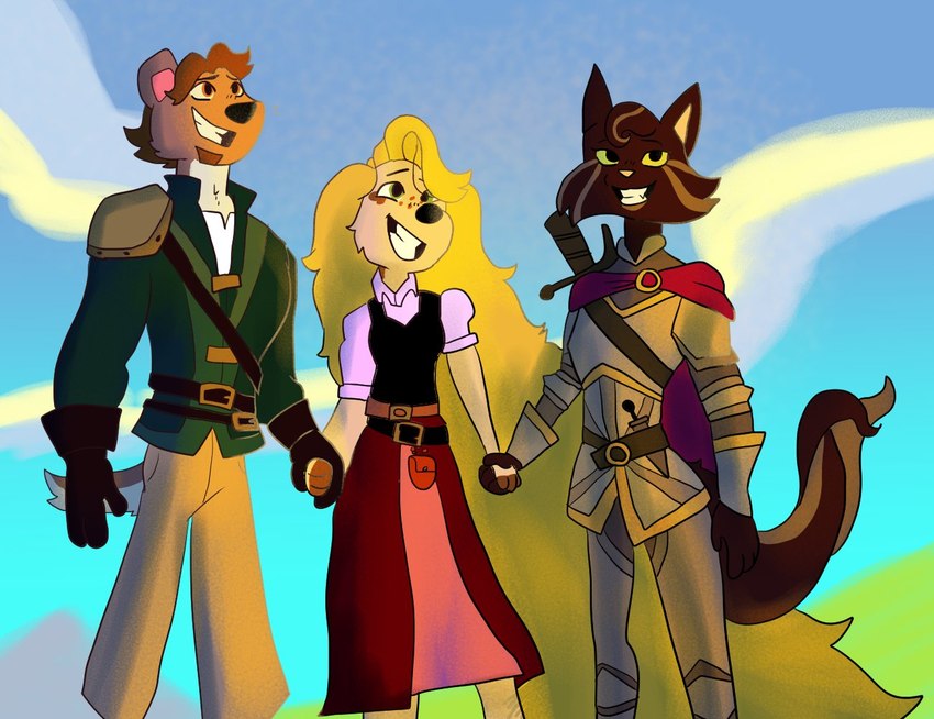 anthro armor female female/female group hand_holding looking_up male male/female screencap smile trio battycat disney tangled_(disney) charlotte_(battycat) herbert_(battycat) sunny_(battycat) canid canine canis domestic_cat domestic_dog felid feline felis mammal mustelid musteline true_musteline weasel redraw