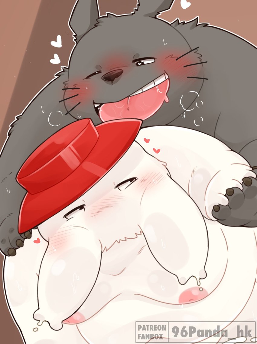 anthro blush clothing duo grey_body hat headgear headwear heart_symbol kemono male moobs navel nipples one_eye_closed overweight overweight_male simple_background white_body 96panda ghibli my_neighbor_totoro spirited_away radish_spirit totoro 2024 hi_res