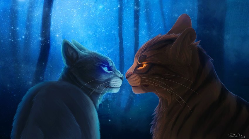 ambiguous_gender blue_body blue_eyes blue_fur brown_body brown_fur detailed_fur duo eye_contact feral fur glowing glowing_eyes looking_at_another notched_ear orange_eyes outside plant starclan_(location) tree whiskers climbtothestars warriors_(book_series) bluestar_(warriors) tigerstar_(warriors) domestic_cat felid feline felis mammal tabby_cat 2016 blue_theme detailed digital_media_(artwork) digital_painting_(artwork) shaded female_(lore) male_(lore)