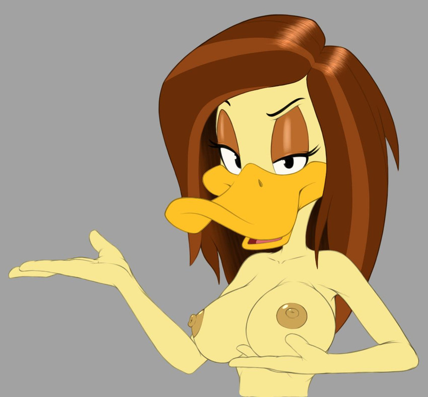 anthro bedroom_eyes breasts brown_hair eyebrows eyelashes female hair half-closed_eyes looking_at_viewer narrowed_eyes nipples non-mammal_breasts non-mammal_nipples open_mouth raised_eyebrow seductive simple_background solo billboi the_looney_tunes_show warner_brothers tina_russo anatid anseriform avian bird duck 2019