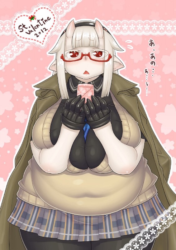 big_breasts blush breasts eyewear female glasses holidays horn looking_at_viewer not_furry overweight overweight_female overweight_humanoid simple_background solo thick_thighs namu_gunsou asian_mythology east_asian_mythology japanese_mythology mythology valentine's_day chikurako_kanoeki demon humanoid oni yokai hi_res