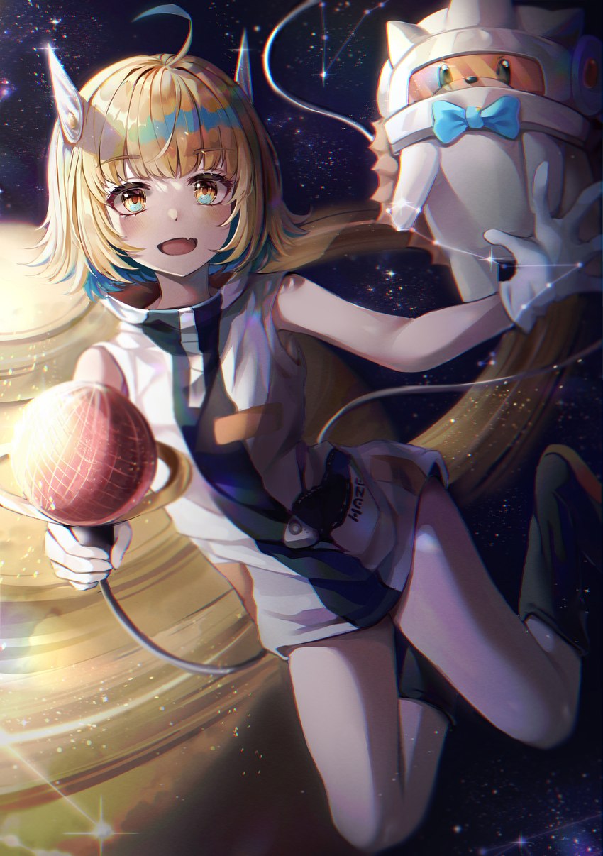 accessory blonde_hair blue_hair clothing colored_inner_hair dress electronics female gloves hair hair_accessory handwear microphone multicolored_hair saturn_(planet) sleeveless_dress smile space white_clothing white_dress white_gloves white_handwear yellow_eyes mirage_(rairudiseu) zutomayo nira-chan uniguri eulipotyphlan hedgehog human mammal absurd_res hi_res