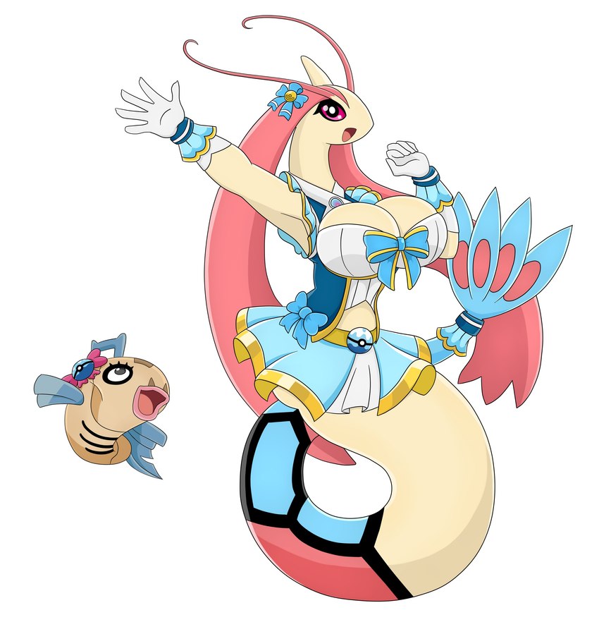 anthro big_breasts blue_clothing bottomwear breasts brown_body clothing dive_ball duo female fin gloves hair handwear huge_breasts magical_girl_outfit pokeball pupils red_body red_hair ribbons shirt simple_background skirt tail topwear white_background white_body urusee584 nintendo pokemon feebas fish generation_3_pokemon marine milotic pokemon_(species) absurd_res digital_drawing_(artwork) digital_media_(artwork) hi_res