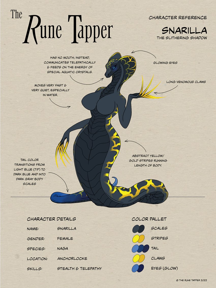 anthro apode blue_eyes blue_tail_tip claws dipstick_tail female glowing glowing_eyes legless long_claws markings serpentine snake_hood solo tail tail_markings text yellow_claws tekandprieda_(artist) the_rune_tapper snarilla draconcopode naga reptile scalie snake 3:4 english_text hi_res model_sheet