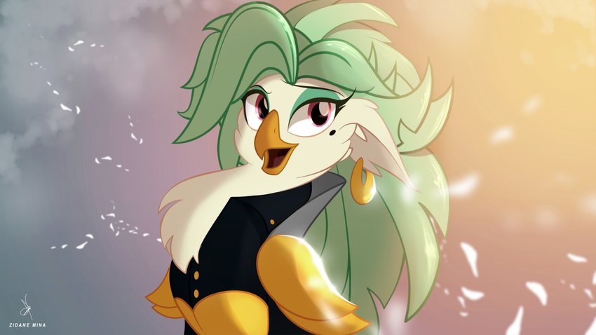 anthro chest_tuft clothing ear_piercing ear_ring female green_hair hair piercing red_eyes ring_piercing shoulder_guards solo tuft zidanemina friendship_is_magic hasbro my_little_pony my_little_pony:_the_movie_(2017) captain_celaeno_(mlp) avian bird parrot 16:9 4k absurd_res hi_res widescreen