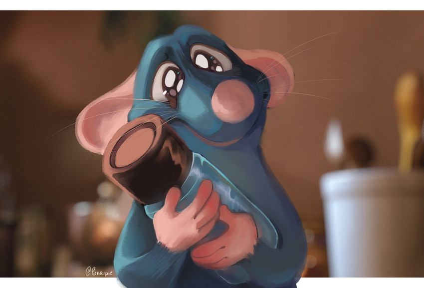 ambiguous_gender blurred_background bodily_fluids crying feral fur grey_body grey_fur holding_object pink_nose screencap_redraw smile solo tears whiskers white_bars paiirupie disney pixar ratatouille remy_(ratatouille) mammal murid murine rat rodent 2020 digital_media_(artwork) hi_res redraw