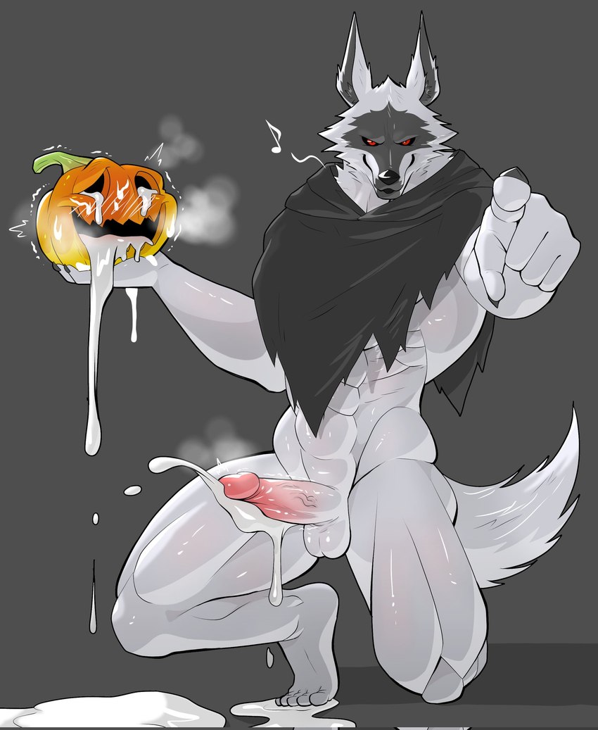 abs after_masturbation anthro balls barefoot big_muscles big_penis blush bodily_fluids bottomless bottomless_anthro bottomless_male claws cloak clothed clothing cum cum_drip cum_in_pumpkin cum_on_ground cumshot dripping ejaculation erection feet food food_fetish fruit fur genital_fluids genitals gesture grey_background hand_gesture holding_object holding_pumpkin holidays humanoid_genitalia humanoid_penis jack-o'-lantern kneeling looking_at_viewer looking_pleasured male muscular muscular_anthro muscular_male musical_note musical_symbol narrowed_eyes on_one_knee penetrating_pumpkin penis plant plantigrade pointing pointing_at_viewer poncho poncho_only pumpkin pumpkin_masturbation serratus simple_background smile solo symbol tuft whistling furtissier dreamworks halloween puss_in_boots_(franchise) death_(puss_in_boots) canid canine canis mammal wolf 2023 hi_res