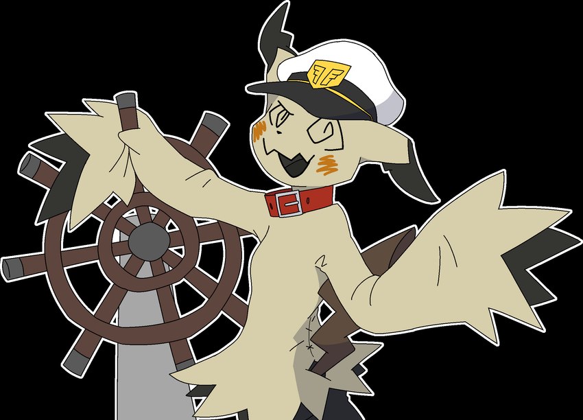 anthro black_tongue boat_wheel breasts clothing collar cosplay female hat headgear headwear holding_object looking_at_viewer looking_back looking_back_at_viewer open_mouth peaked_cap simple_background small_breasts solo spiral_eyes tail tongue yellow_body sealer4258 nintendo pokemon captain_pikachu mimi_(sealer4258) generation_7_pokemon mimikyu pokemon_(species) 2024 alpha_channel hi_res