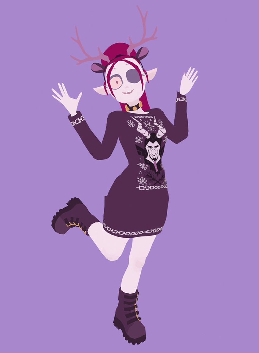 boots clothing dress ear_tails fake_antlers fake_horns female footwear hair holidays humanoid_pointy_ears not_furry one_eye_closed pink_hair pointy_ears ponytail purple_background shoes simple_background solo wink herny christmas school_for_vampires gruftine humanoid vampire 2020 3d_(artwork) blender_(artwork) digital_media_(artwork) hi_res