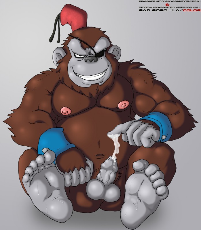 5_toes balls big_balls big_muscles big_penis bodily_fluids brown_body brown_fur cum cumshot ejaculation erection eye_patch eyewear feet foot_focus fur genital_fluids genitals grey_body grey_skin hindpaw humanoid_genitalia humanoid_penis looking_at_viewer male muscular muscular_male nipples orgasm paws penis plantigrade precum slightly_chubby solo stocky toes bobo darkviperbara monkeysuit cartoon_network generator_rex bobo_haha haplorhine mammal monkey primate hi_res