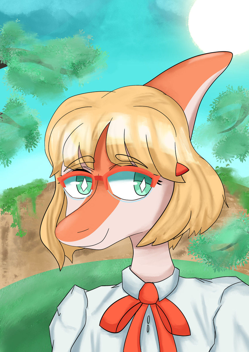 anthro blonde_hair bone_frill bow_tie clothed clothed_anthro clothed_female clothing day eyebrow_through_hair eyebrows eyewear female frill_(anatomy) front_view glasses grass green_eyes hair leaf looking_at_viewer medium_hair orange_body outside plant red_bow_tie shirt smile solo sun topwear translucent translucent_hair tree white_body white_clothing white_shirt white_topwear h0llowgraphic goodbye_volcano_high ko_op_(game_developer) naomi_(gvh) dinosaur hadrosaurid ornithischian ornithopod parasaurolophus prehistoric_species reptile scalie absurd_res bust_portrait colored hi_res portrait shaded