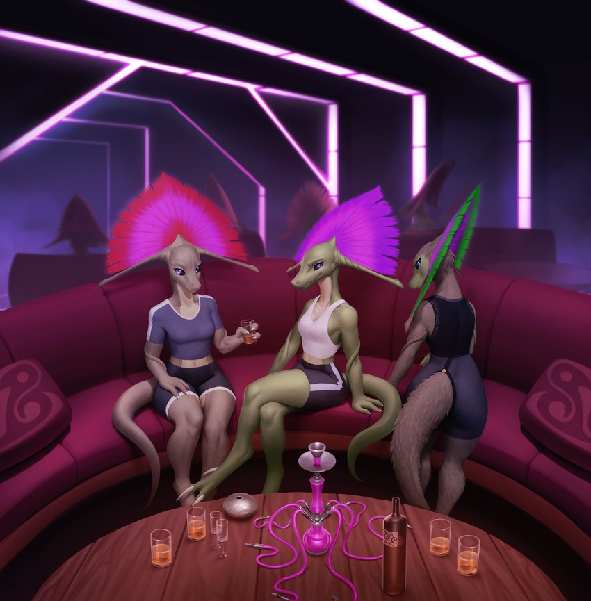 alcohol anthro beverage big_butt bottle bottomwear breasts brown_body brown_feathers brown_scales butt claws clothed clothing collarbone container countershading crossed_legs cup drinking_glass feather_hair feathers female furniture glass glass_container glass_cup green_body green_scales group holding_glass holding_object hookah inside looking_at_viewer midriff navel nightclub non-mammal_breasts pillow pseudo_hair public purple_eyes rear_view scales shirt shorts sitting sleeveless_shirt small_breasts sofa standing t-shirt table tan_body tan_scales tentacles topwear wide_hips w4g4 pinwheel_(snekguy) snekguy alien valbaran 3d_(artwork) absurd_res digital_media_(artwork) hi_res