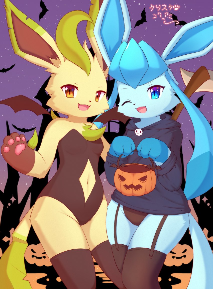 anthro clothing costume duo female food fruit halloween_costume holidays plant pumpkin kryztar halloween nintendo pokemon eeveelution generation_4_pokemon glaceon leafeon pokemon_(species) absurd_res hi_res