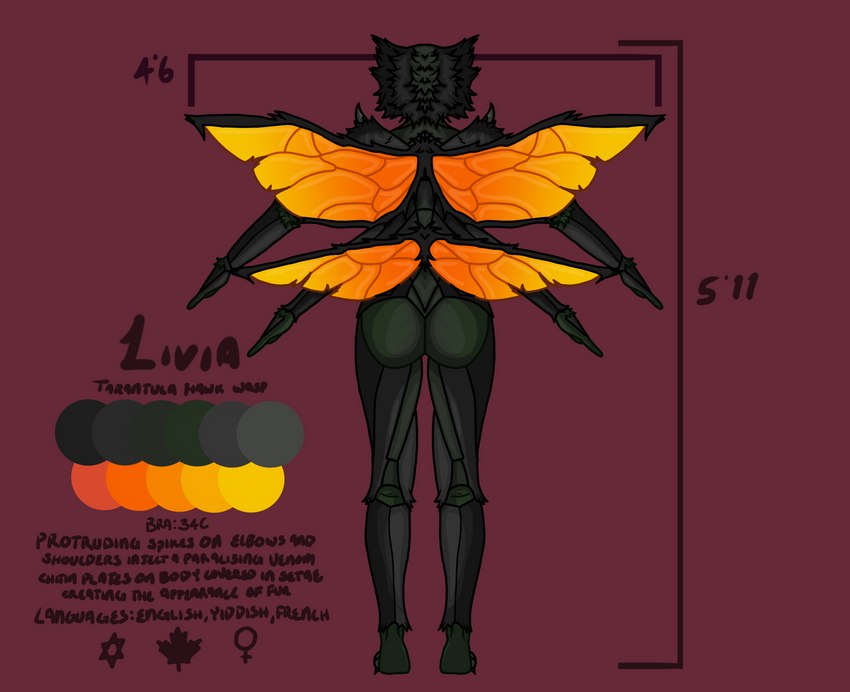 4_arms anthro big_butt black_body butt canada chart female female_symbol fingers gender_symbol green_body grey_body height_chart hexagram insect_wings maple_leaf measurements multi_arm multi_limb nude orange_wings palette simple_background solo spikes spikes_(anatomy) standing stinger symbol text wings conditional_dnp livalittle fallout microsoft livia_(livalittle) arthropod cazador_(fallout) hymenopteran insect spider_wasp tarantula_hawk_wasp wasp absurd_res digital_media_(artwork) english_text hi_res model_sheet