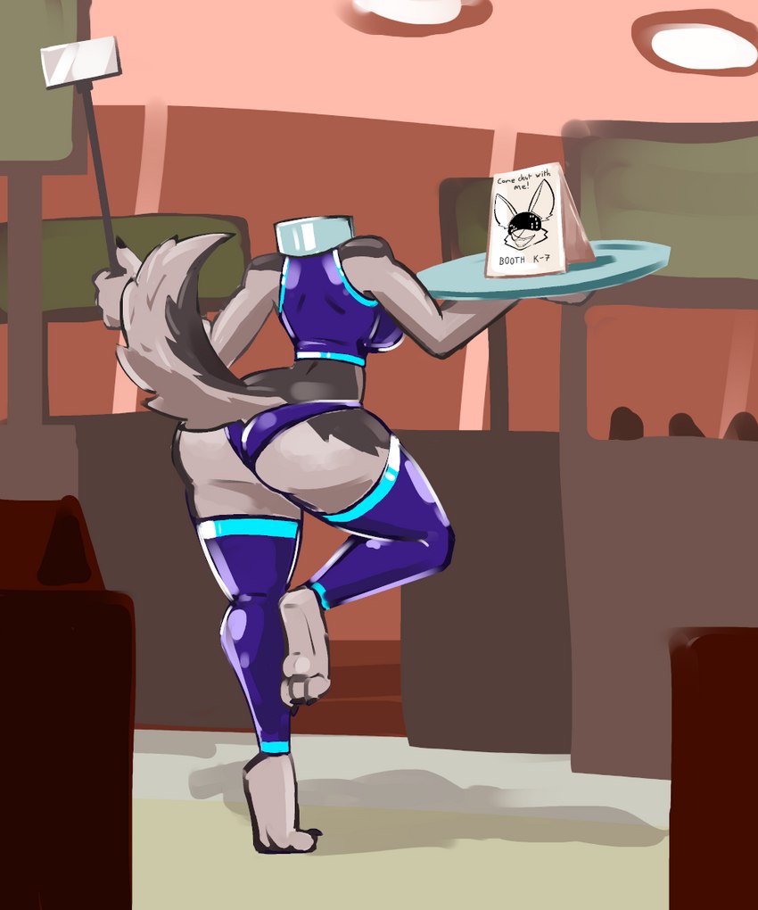 anthro barefoot big_butt blue_clothing brown_body brown_fur butt clothing collar convention cybernetics drawing feet female fur headless holding_object holding_sign legwear machine metal_collar missing_head multicolored_body multicolored_fur panties raised_leg rear_view serving_tray sign solo text thigh_highs two_tone_body two_tone_fur underwear aygee c-nine_(aygee) canid canine canis cyborg domestic_dog husky mammal nordic_sled_dog robot spitz 5:6 english_text hi_res