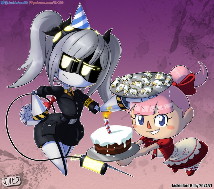 accessory angry birthday birthday_cake blue_eyes cake clothed clothing dessert dress duo empanada female fingers food grey_hair hair hazard_stripes headgear headwear looking_at_viewer machine not_furry pastry pigtails pink_hair ponytail ribbons screen_eyes simple_background smile syringe tail twintails_(hairstyle) uniform white_body yellow_eyes jackintaro animal_crossing glitch_productions murder_drones nintendo j_(murder_drones) villager_(animal_crossing) disassembly_drone human humanoid mammal robot robot_humanoid tailed_humanoid absurd_res crossover digital_media_(artwork) hi_res