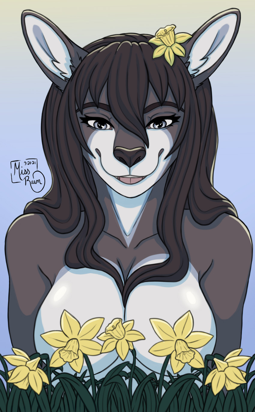 accessory anthro big_breasts blooms blue_eyes breasts brown_hair daffodil_(flower) female flower flower_in_hair hair hair_accessory nude open_mouth plant smile solo spring teeth tongue miss_rain raine_kirijo kangaroo macropod mammal marsupial cel_shading hi_res shaded