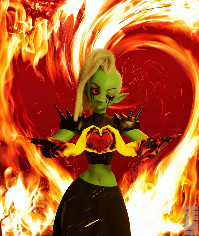 bottomwear breasts clothed clothing eyebrows female fingers fire freckles gloves hair handwear humanoid_pointy_ears long_hair looking_at_viewer midriff navel noseless not_furry one_eye_closed pointy_ears red_eyes red_sclera solo topwear white_hair ichi217 disney wander_over_yonder lord_dominator alien alien_humanoid humanoid 3d_(artwork) artist_name digital_media_(artwork) hi_res watermark