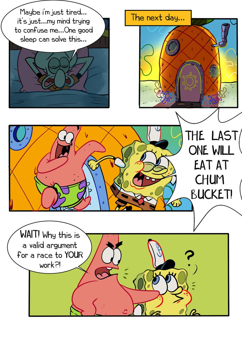 anthro base_three_layout blockage_(layout) building clothed clothing detailed_background dialogue duo flower flower_cloud_(spongebob) food four_frame_image fruit horizontal_blockage house male navel non-mammal_navel on_model pineapple plant smile solo speech_bubble spongebob's_pineapple squidward's_house text three_row_layout toony under_covers pancaketiffy nickelodeon spongebob_squarepants patrick_star spongebob_squarepants_(character) squidward_tentacles asterozoan cephalopod coleoid echinoderm marine mollusk octopodiform octopus sea_sponge starfish comic english_text hi_res