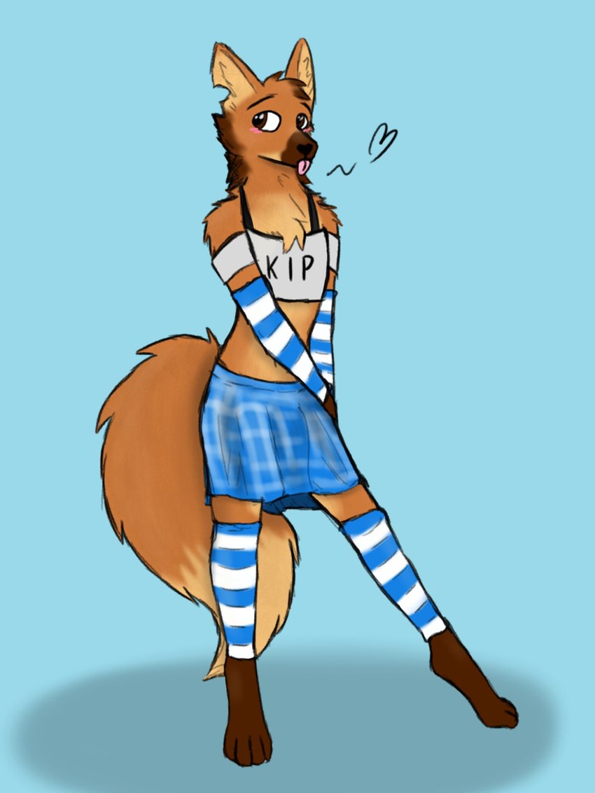 anthro arm_warmers armwear big_tail biped black_nose blue_arm_warmers blue_armwear blue_background blue_bottomwear blue_clothing blue_legwear blue_skirt blush bottomwear brown_body brown_ears brown_eyes brown_fur brown_mane brown_paws chest_tuft clothed clothing crop_top dark_body dark_fur dipstick_tail femboy fluffy fluffy_tail fur head_tuft heart_reaction legwear light_body light_fur looking_away looking_back male mane markings midriff multicolored_arm_warmers multicolored_armwear multicolored_body multicolored_clothing multicolored_fur multicolored_legwear notched_ear pattern_clothing pink_tongue shirt simple_background skirt solo standing striped_clothing stripes tail tail_markings tail_over_skirt tan_body tan_fur tan_inner_ear text text_on_clothing text_on_shirt text_on_topwear tongue tongue_out topwear tuft two_tone_arm_warmers two_tone_armwear two_tone_clothing two_tone_legwear two_tone_tail white_arm_warmers white_armwear white_clothing white_shirt white_topwear kawattame canid canine canis mammal maned_wolf 2021 3:4 digital_drawing_(artwork) digital_media_(artwork) hi_res