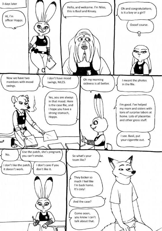 anthro clothing dialogue duo female greeting long_ears male simple_background size_difference smoking speech_bubble text white_background bernielover disney the_great_mouse_detective zootopia basil_(disney) judy_hopps nick_wilde niles canid canine canis domestic_dog fox lagomorph leporid mammal mouse murid murine rabbit red_fox rodent true_fox comic english_text hi_res monochrome