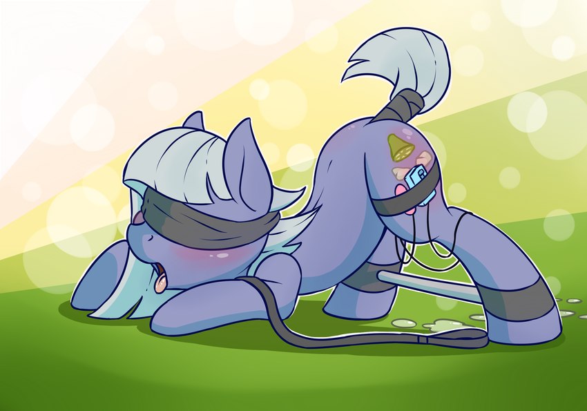 blindfold blush bodily_fluids cutie_mark female feral genital_fluids open_mouth restraints solo spreader_bar tongue tongue_out fearingfun friendship_is_magic hasbro my_little_pony limestone_pie_(mlp) earth_pony equid equine horse mammal pony 2023 digital_media_(artwork) hi_res