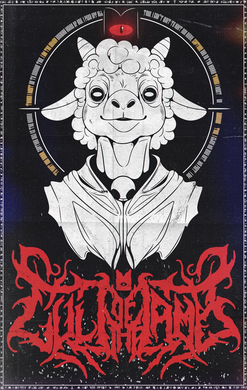 ambiguous_gender anthro crown eye_contact fluffy headgear horn looking_at_another metal poster poster_template solo symbol text 0l-fox-l0 cult_of_the_lamb massive_monster_(studio) lamb_(cult_of_the_lamb) bovid caprine mammal sheep absurd_res digital_drawing_(artwork) digital_media_(artwork) hi_res huge_filesize restricted_palette