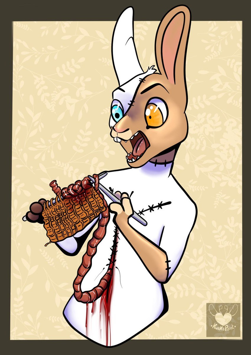 anthro gore male organ oryc scared solo stitch_(sewing) kwakapaint lagomorph leporid mammal patchwork_creature rabbit half-length_portrait hi_res portrait