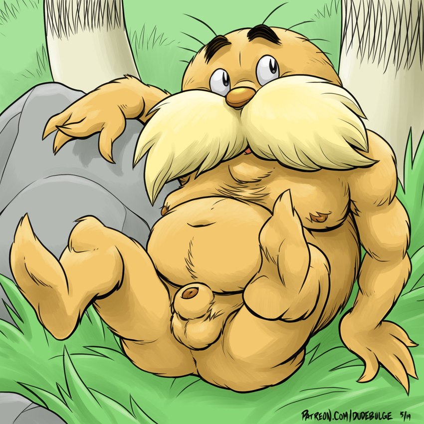 animal_genitalia anthro anus balls big_mustache butt facial_hair feet fur genitals looking_up lying male mature_male mustache navel nipples nude on_back orange_body orange_fur outside penis sheath slightly_chubby solo text truffula_tree yellow_body yellow_fur dudebulge dr._seuss the_lorax lorax unknown_species 1:1 absurd_res digital_media_(artwork) full-length_portrait hi_res portrait url