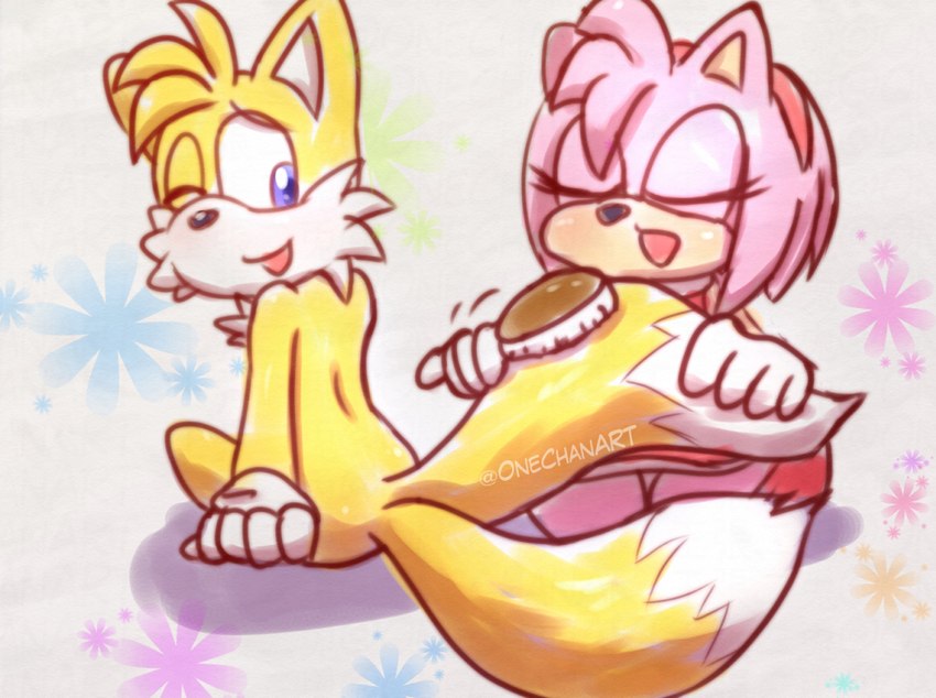 brush brushing brushing_fur brushing_tail duo female fur male male/female personal_grooming social_grooming onechan sega sonic_the_hedgehog_(series) amy_rose miles_prower