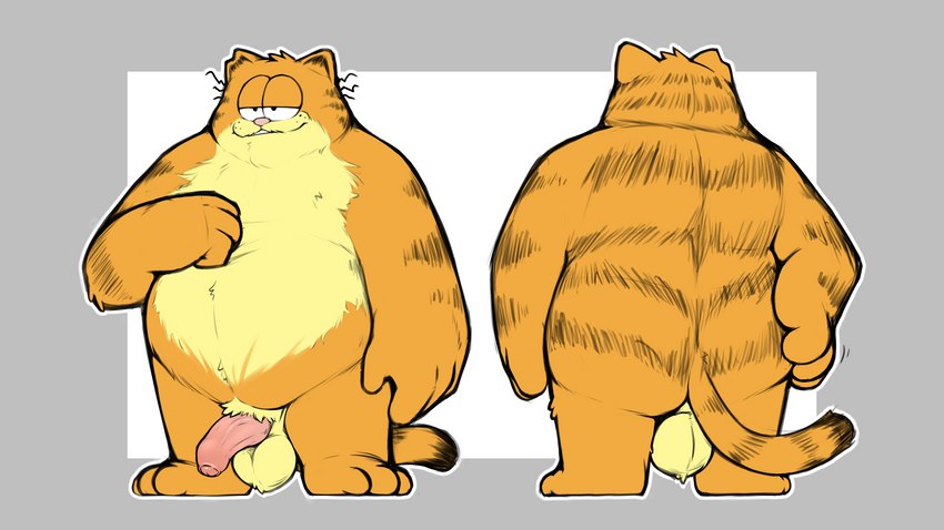 3_toes 4_fingers anthro backsack balls belly butt feet fingers foreskin front_and_back fur genitals half-closed_eyes head_tuft humanoid_genitalia humanoid_penis male mature_anthro mature_male narrowed_eyes notched_ear nude orange_body orange_fur overweight overweight_anthro overweight_male penis pink_nose pubes scratching scratching_belly scratching_butt short_legs simple_background smile solo standing striped_body striped_fur stripes tail toes tuft vein veiny_penis denzeltip garfield_(series) sony_corporation sony_pictures the_garfield_movie_(2024) vic_(garfield) domestic_cat felid feline felis mammal 16:9 2023 4k absurd_res digital_media_(artwork) hi_res widescreen